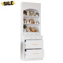 GZXS White Pantry Cabinet with 5 Drawers, Adjustable Shelves, and Faux Marble Top, Freestanding Kitchen & Dining Storage Hutch, 28.7"L x 17.5"W x 83.7"H