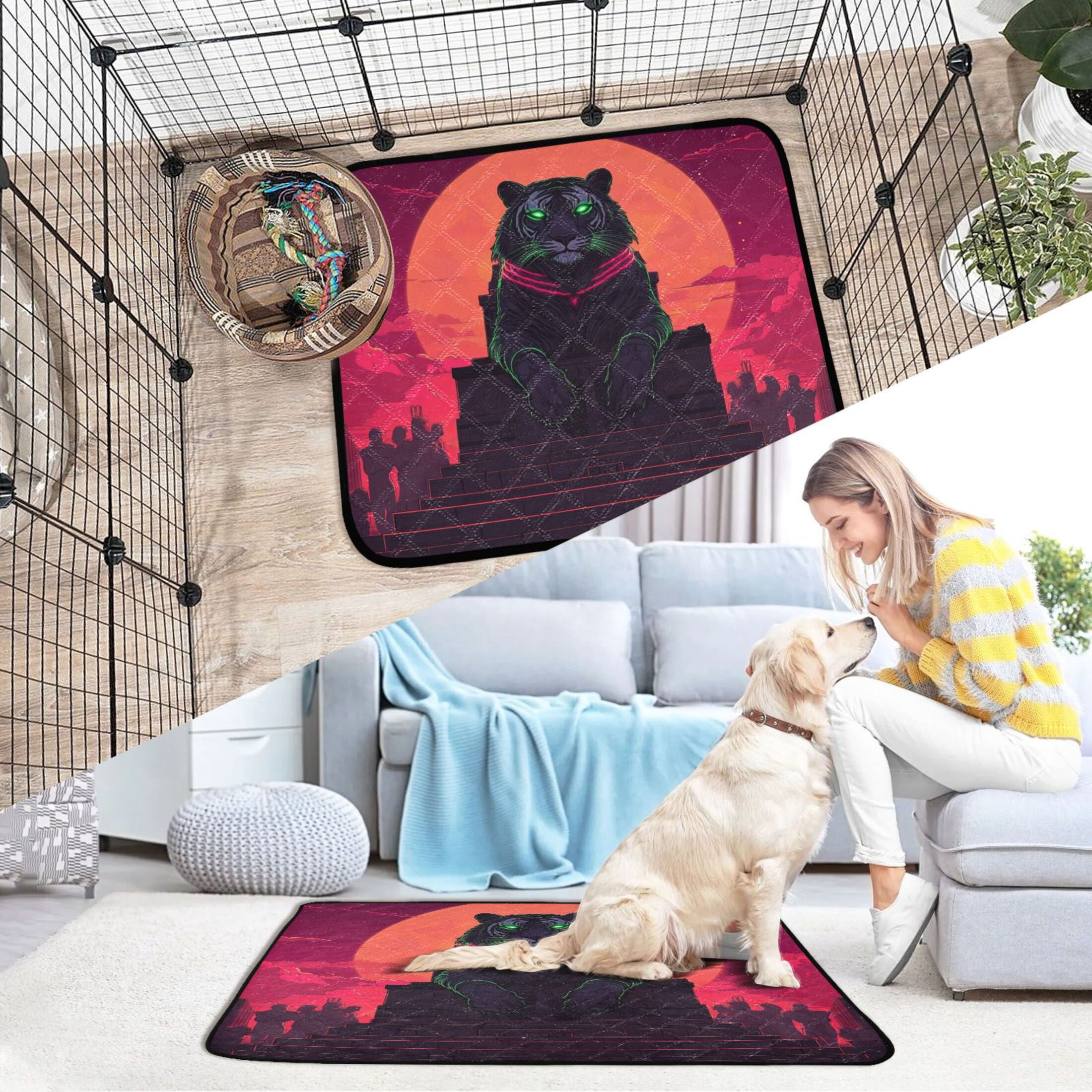 Qxltty Black Tiger with Glowing Green Eyes Cat litter Pads Pet Set of 3 Diaper Mats Center Anti-leakage Layer Absorbent Soft and Comfortable