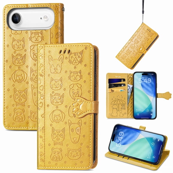 Lovely Animal Pattern Wallet Flip Case for iPhone Air, PU Leather Magnetic Closure Card Holder Lanyard Kickstand Phone Cover for iPhone Air, Yellow