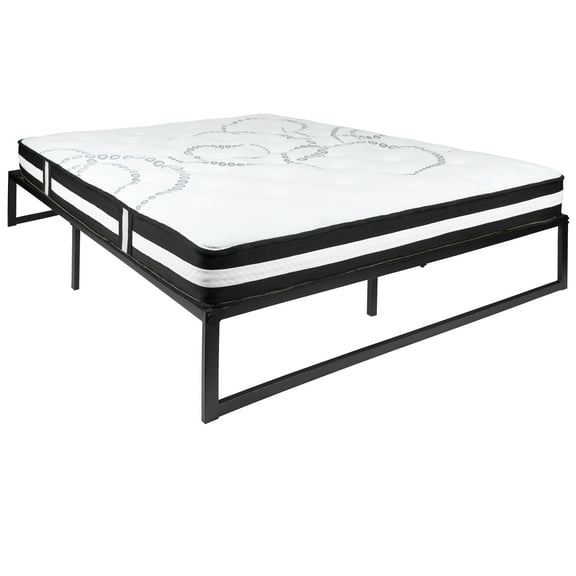Flash Furniture Louis 14 Inch Metal Platform Bed Frame with 12 Inch Pocket Spring Mattress in a Box (No Box Spring Required) - Queen