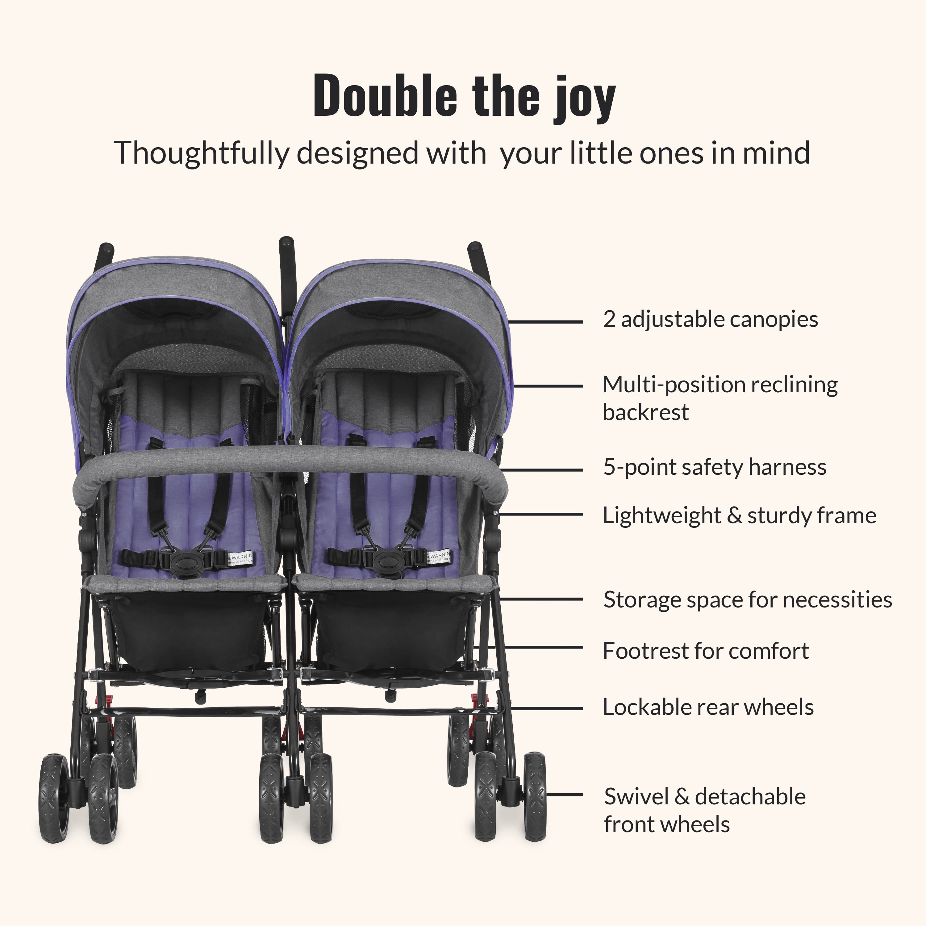 Dream On Me Volgo Twin Umbrella Stroller, Purple and Dark Grey