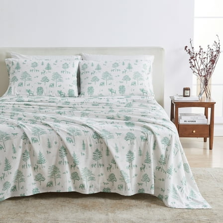 Great Bay Home Lodge Flannel Sheet Set - 100% Turkish Cotton - Double Brushed (King, Wild Acres - Sage)