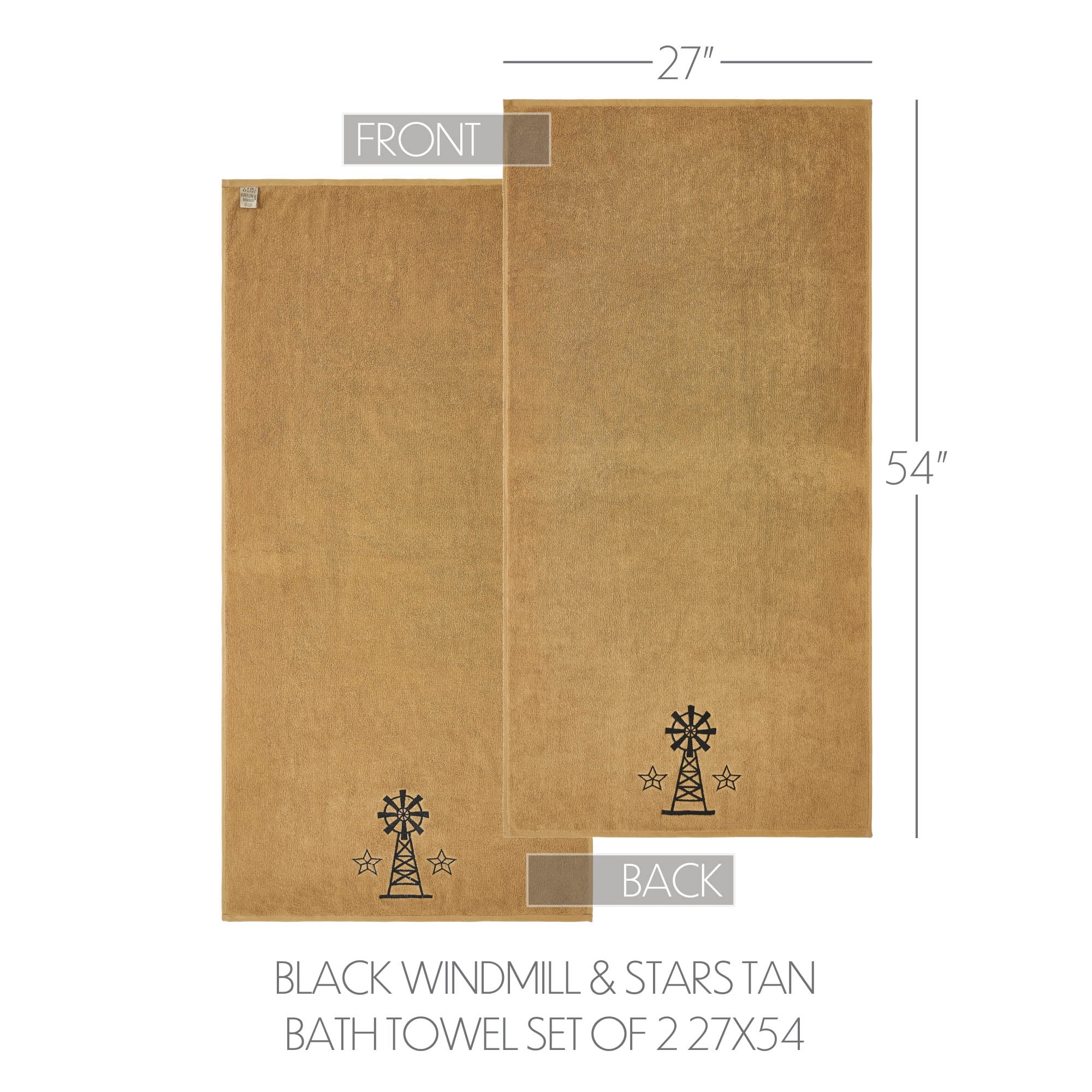 VHC Brands Black Windmill & Stars Tan Bath Towel Set of 2 27x54