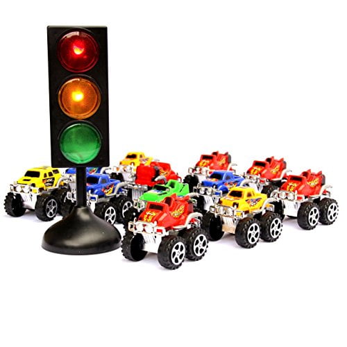 Dazzling Toys Truck And Traffic Set 7" Traffic Light with 12 Pull Back 3" Monster Trucks