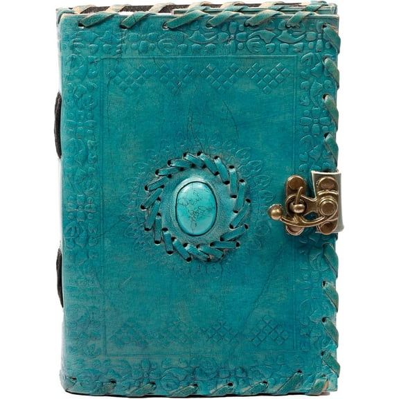 Leather Journal Large Writing Notebook Handmade Bound Vintage Journal For Women & Men with Lock/Semi-Precious Stone Gift For Art Sketchbook (7 x 5 Inches)