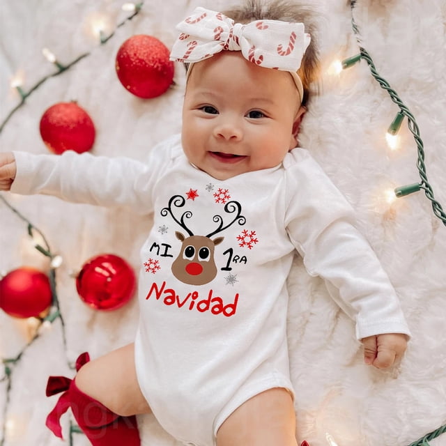 Mi primer mameluco navideño de manga larga para bebé recién nacido, traje con estampado de ciervos españoles, mono de bautismo para bebé, ropa para niño pequeño, regalo