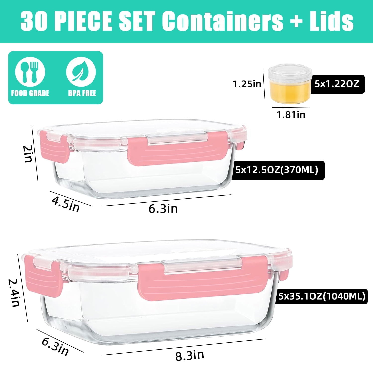 30 Pcs Glass Food Storage Containers with Lids, Glass Airtight Meal Prep Container Set for Lunch, Kitchen Pantry Organizers and Storage, Leak Proof, Pink