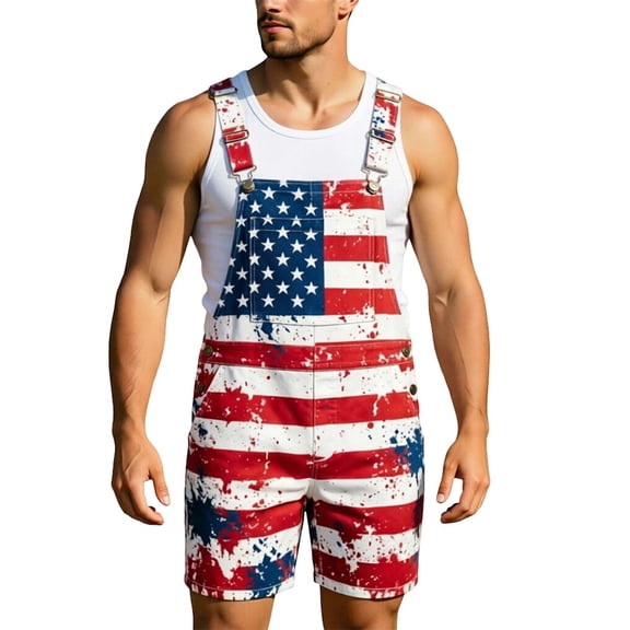 Bib Overalls for Men Splatter American Flag Print Short Overalls, Patriotic Holiday & Daily Casual Jumpsuit, 5XL