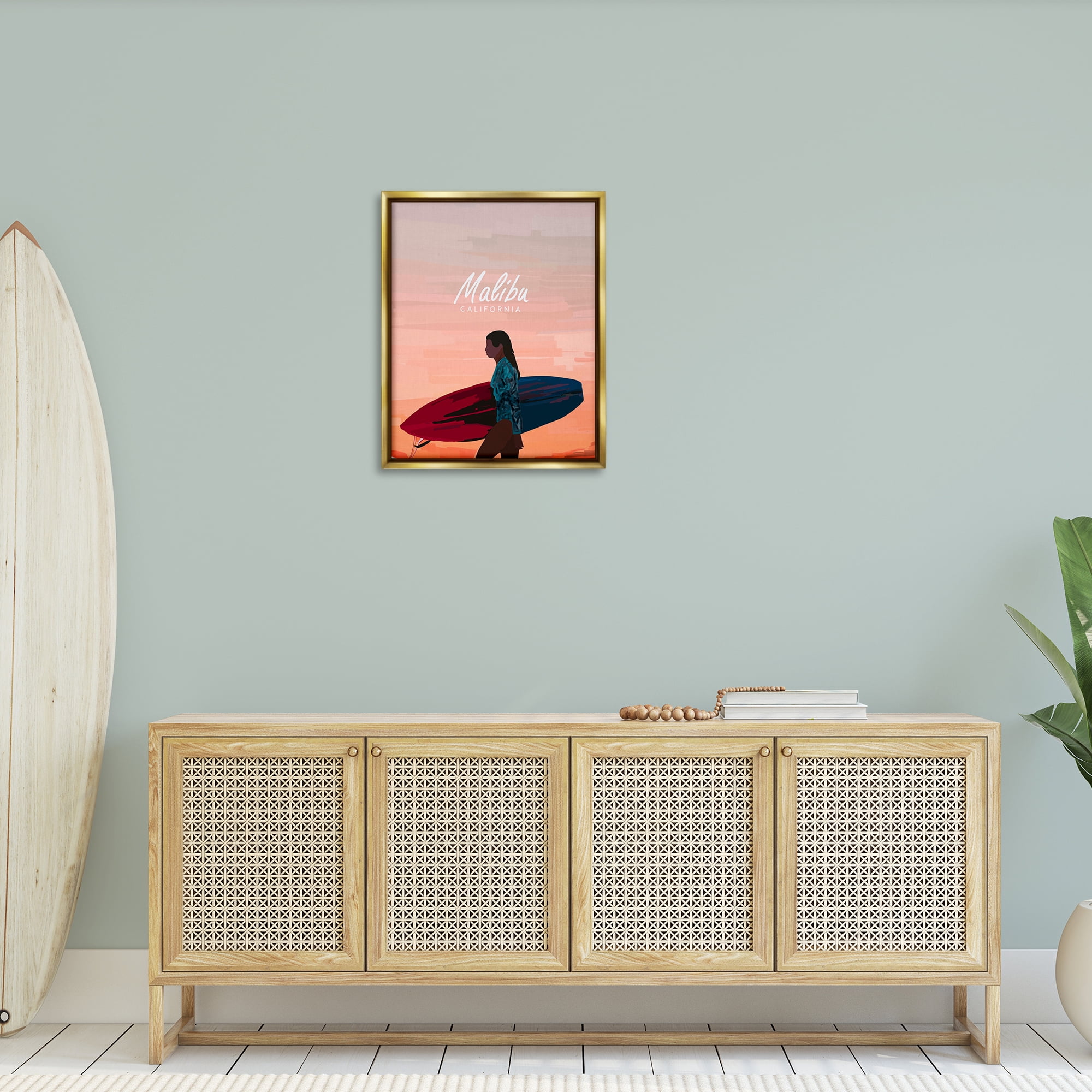 Stupell Industries Malibu Surfer Girl Sports Painting Gold Floater Framed Canvas Art Print Wall Art, 25 x 31