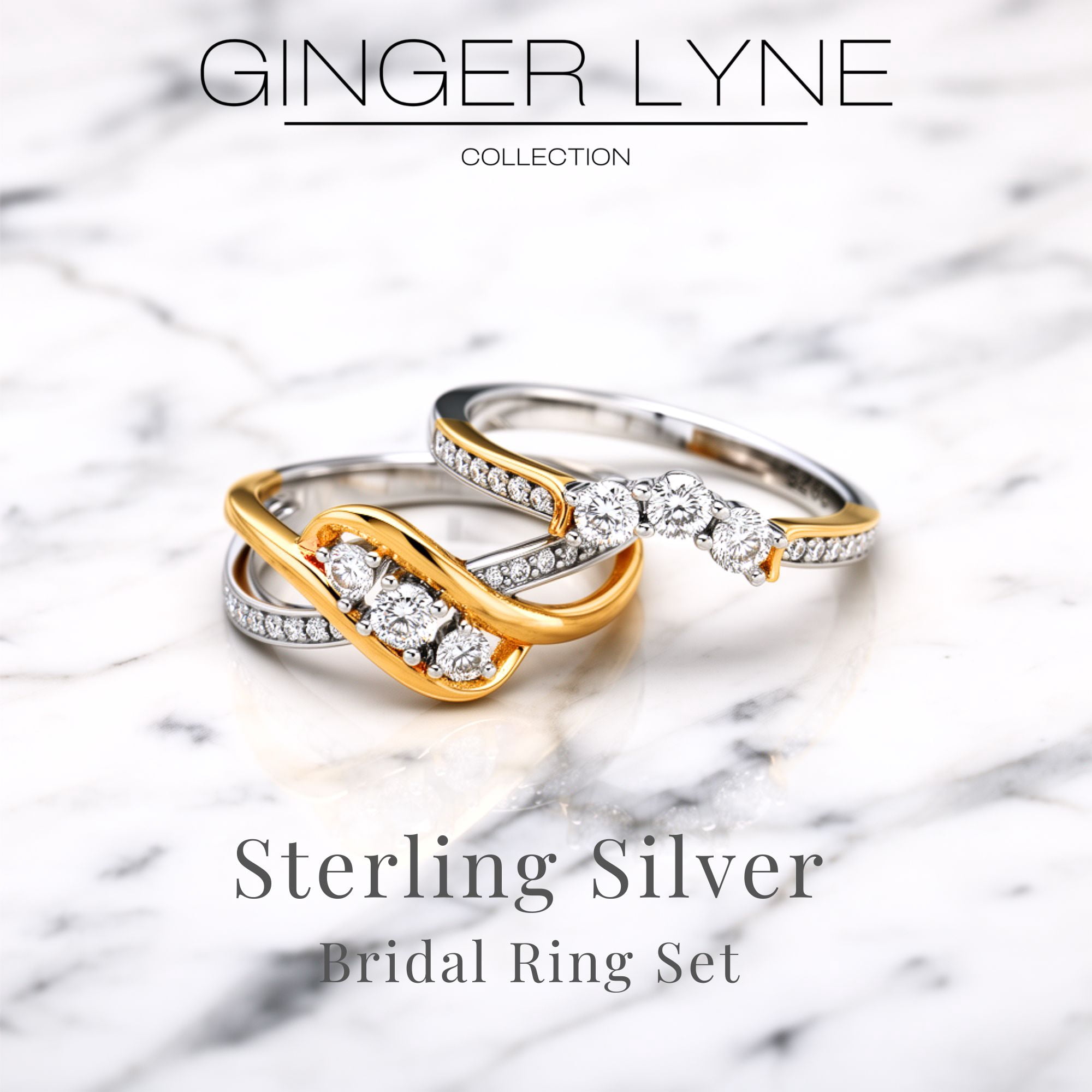Paden Wedding Ring Set for Women 3 Stone Engagement Bridal Band Sterling Silver Ginger Lyne