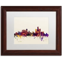 Trademark Fine Art "Detroit Michigan Skyline" Canvas Art by Michael Tompsett, White Matte, Wood Frame