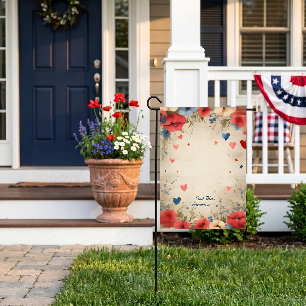 americana garden flag A patriotic background with red white and blue flowers and hearts. God Bless America outdoor flags Large Size 28x40 Inch 4th of july yard decor