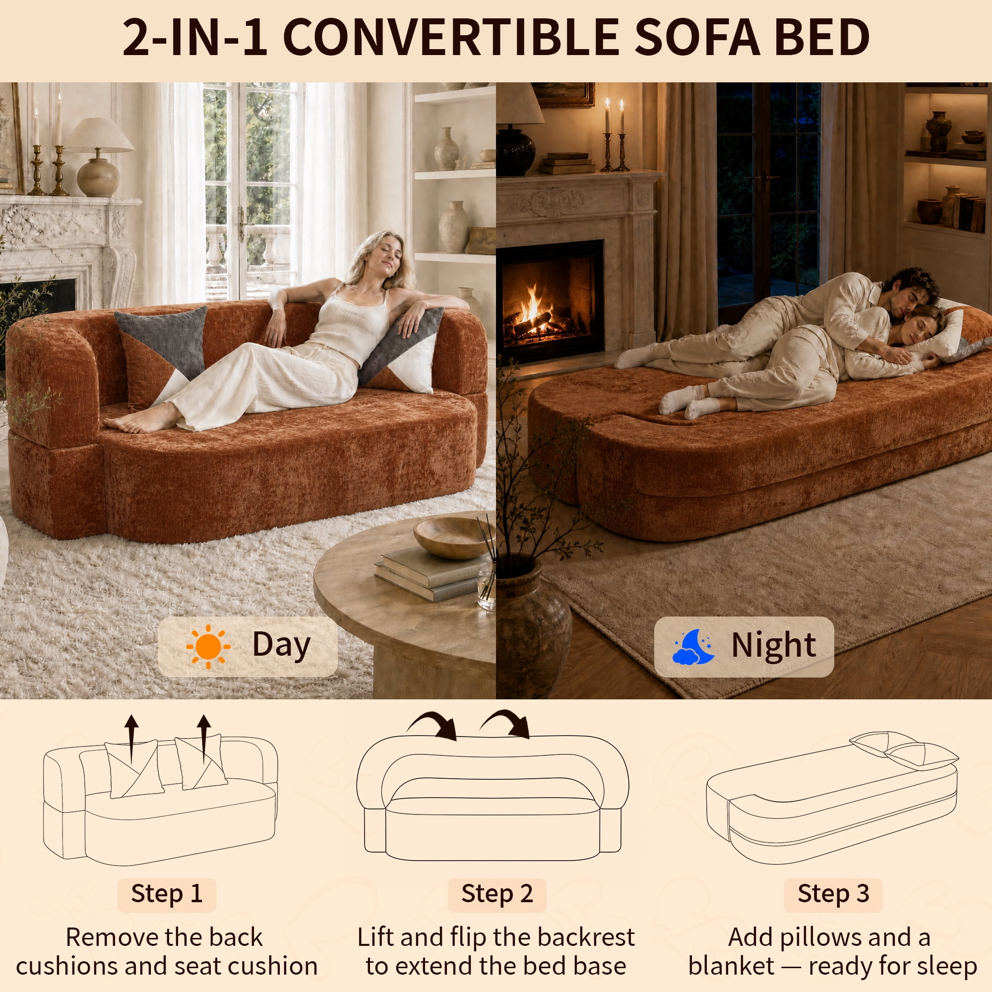 78.74"W Eggshell Convertible Sofa,Floor Couch,Sleeper Sofa Bed,No Assembly High-Density Sponge Loveseat with 2 Pillows for Living Room, Apartment,Small Spaces,Cognac Brown