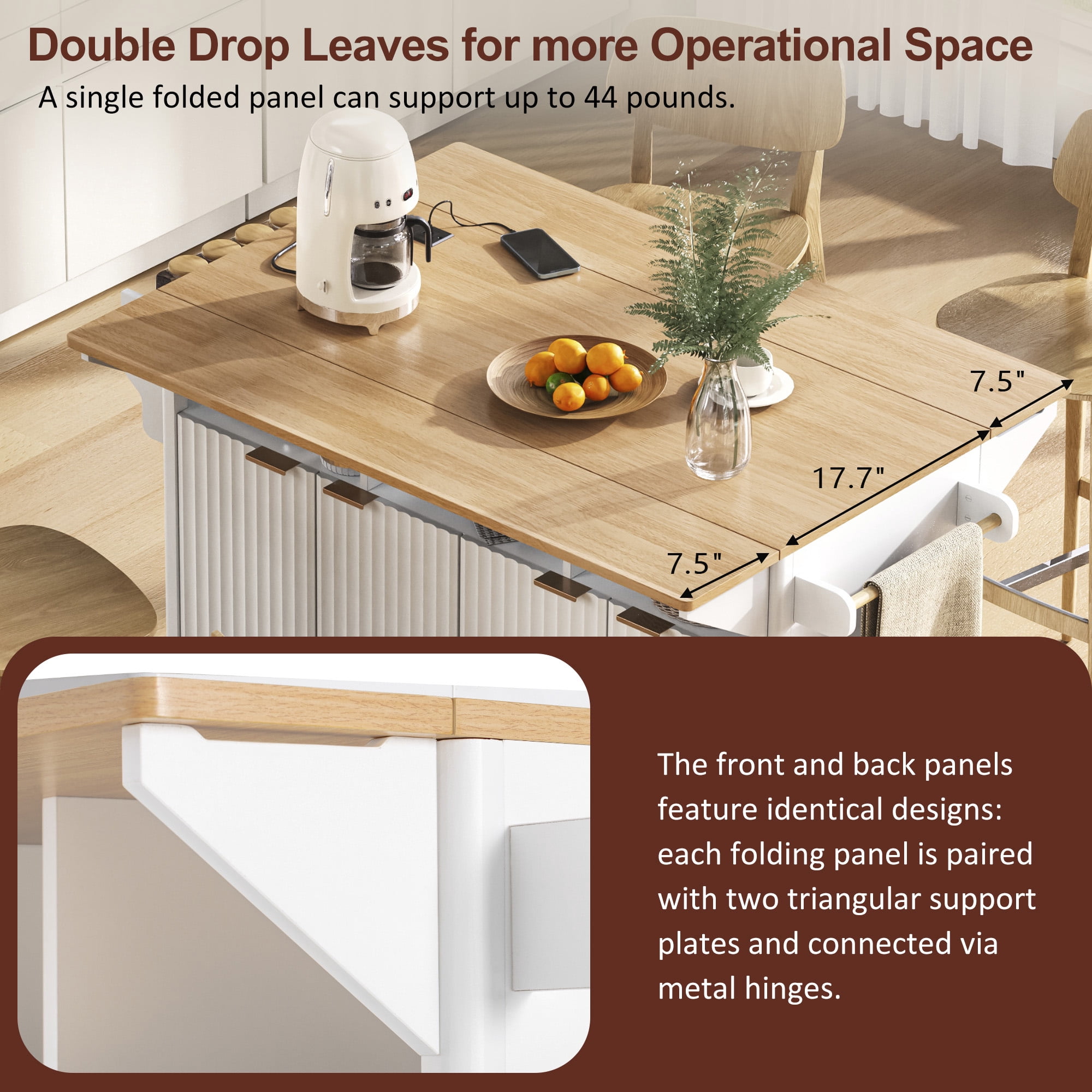 Euroco 55.5" Fluted Kitchen Island with 2 Drop Leaf, Kitchen Storage Cart with Power Outlet, 4 Doors, Spice rack, Rolling Island Table with Wood-grain Top, Curved Edge