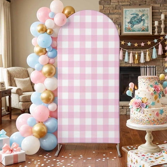 Light Pink Checks Arch Backdrop Covers 4 FT, Gingham Plaid Abstract Modern Minimalist Stretchy Fitted Arched Stand Covers Party Arch Stand Cover Photo Booth for Wedding Birthday Decor