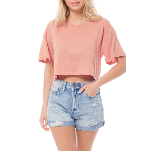 MixMatchy Women's Basic Solid Boxy Short Sleeve Crop Top