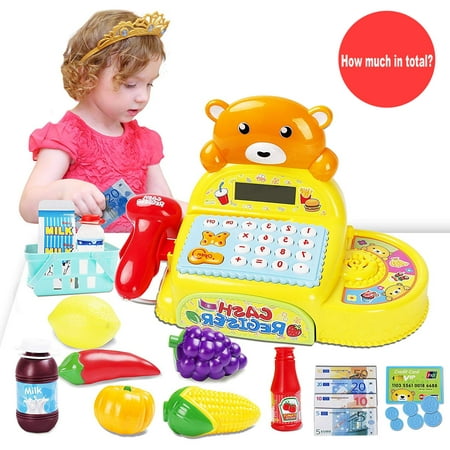 Toy Cash Register Shopping Pretend Play Money Machine with Scanner Play Food Set for Kids Boys and Girls Gifts, Toddler Interactive Learning, Teaching Tools, Ages
