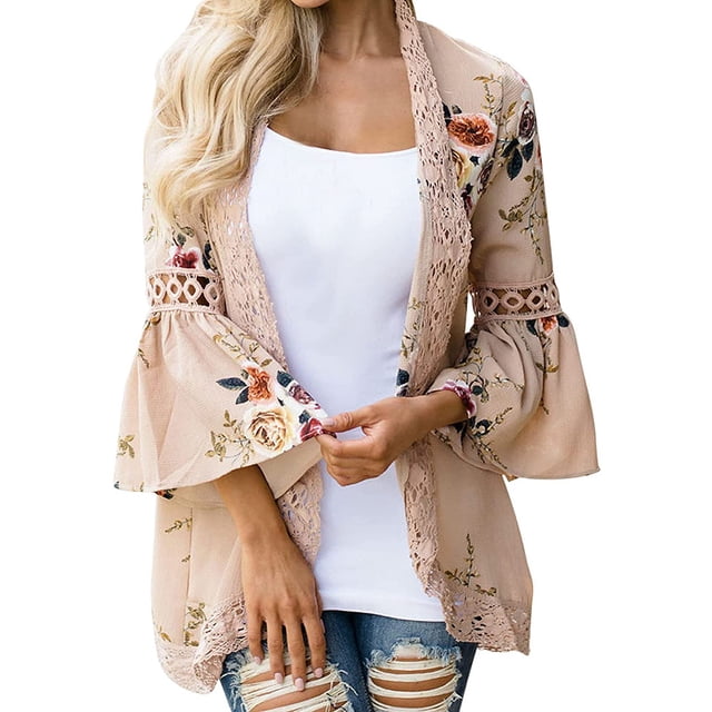 Cardigan à Manches 3/4 Décontracté à Manches Longues et Volants en Dentelle d'Automne pour Femmes