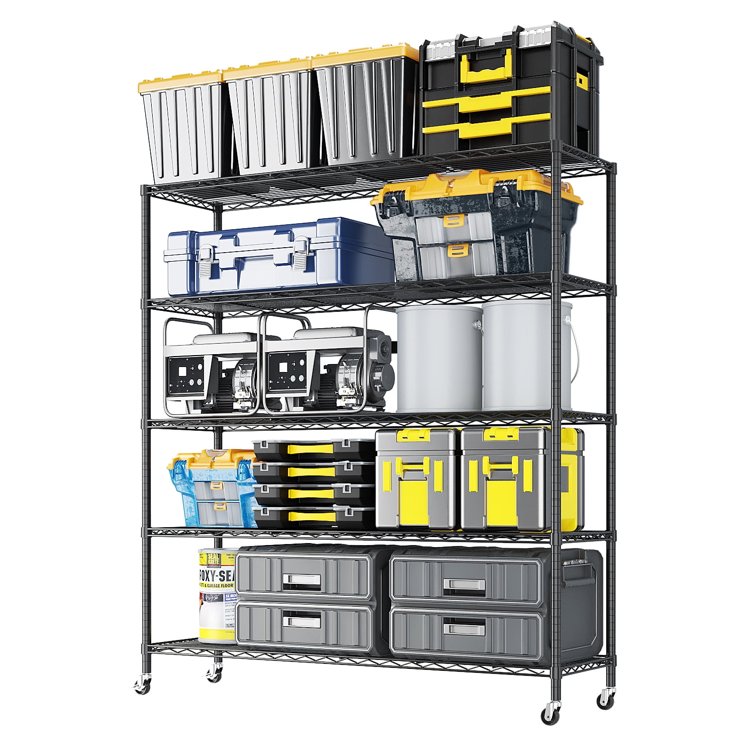 5-Tier Adjustable Iron Shelving Unit with Lockable Casters, Black, 46.85 x 18.50 x 72.83 in