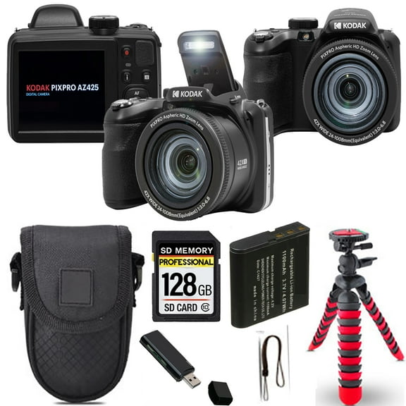 Kodak PIXPRO AZ425 Digital Camera (Black) Spider Tripod Case - 64GB Kit