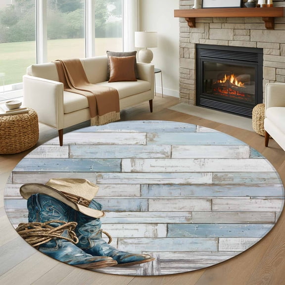 Round Area Rugs Collection 6 Ft, Western Cowboy Boots Non-Slip Residential Carpet, Vintage Country Blue Wooden Indoor Crawling Mats Runner Rugs for Living Room/Dining Room/Bedroom