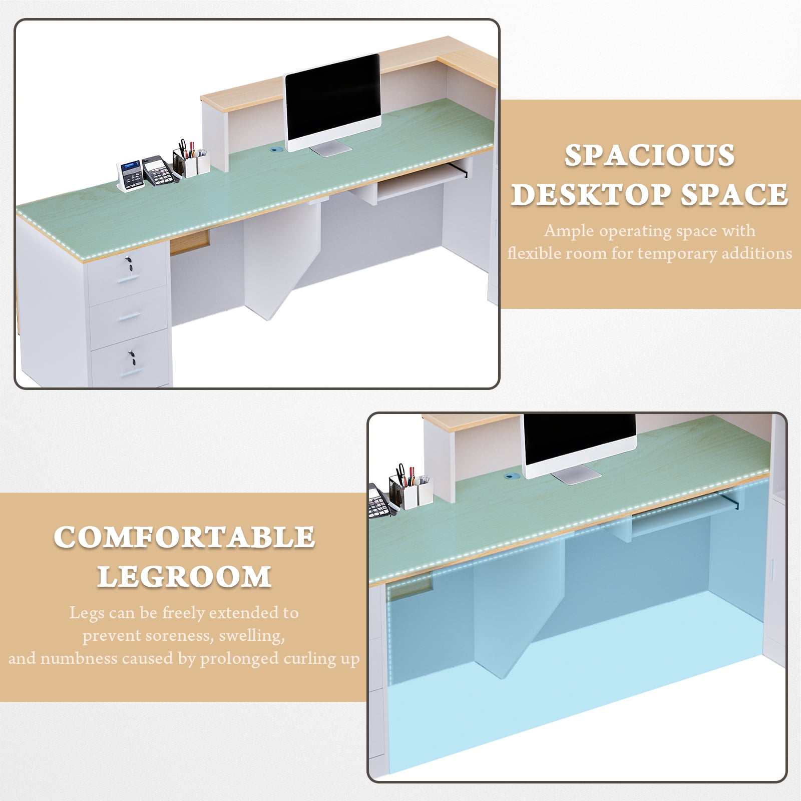 Vakiorn 71in L-Shaped Reception Desk Natural Wood White with Lockable Drawers for Office Lobby