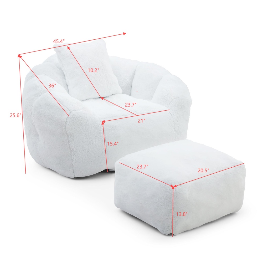 Giant Bean Bag Chair for Adults, Oversized Lazy Sofa with Footstool and Handle, Faux Fur Shell-Shaped Reading Chair for Living Room Bedroom, White