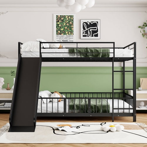 Full over Full Bunk Bed with Slide, Metal Bunk Bed with Guardrails, Convertible Loft Bed with Stairs, Sturdy Steel Frame for Bedroom Dorm Guest Room, Black