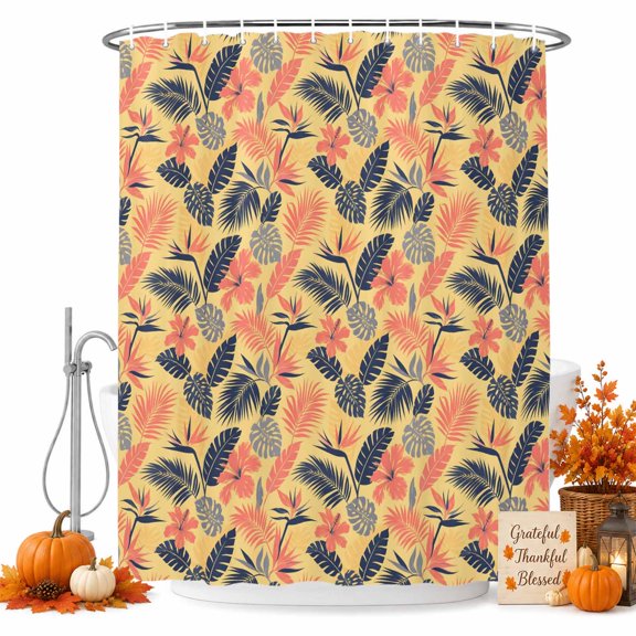 Monstera Leaf Shower Curtain, Waterproof Shower Curtains for Bathroom, Tropical Botanical Palm Flower Rustic Yellow Washable Fabric Bathtub Curtain Set Bath Decor with 12 Hooks Long 72"x84"