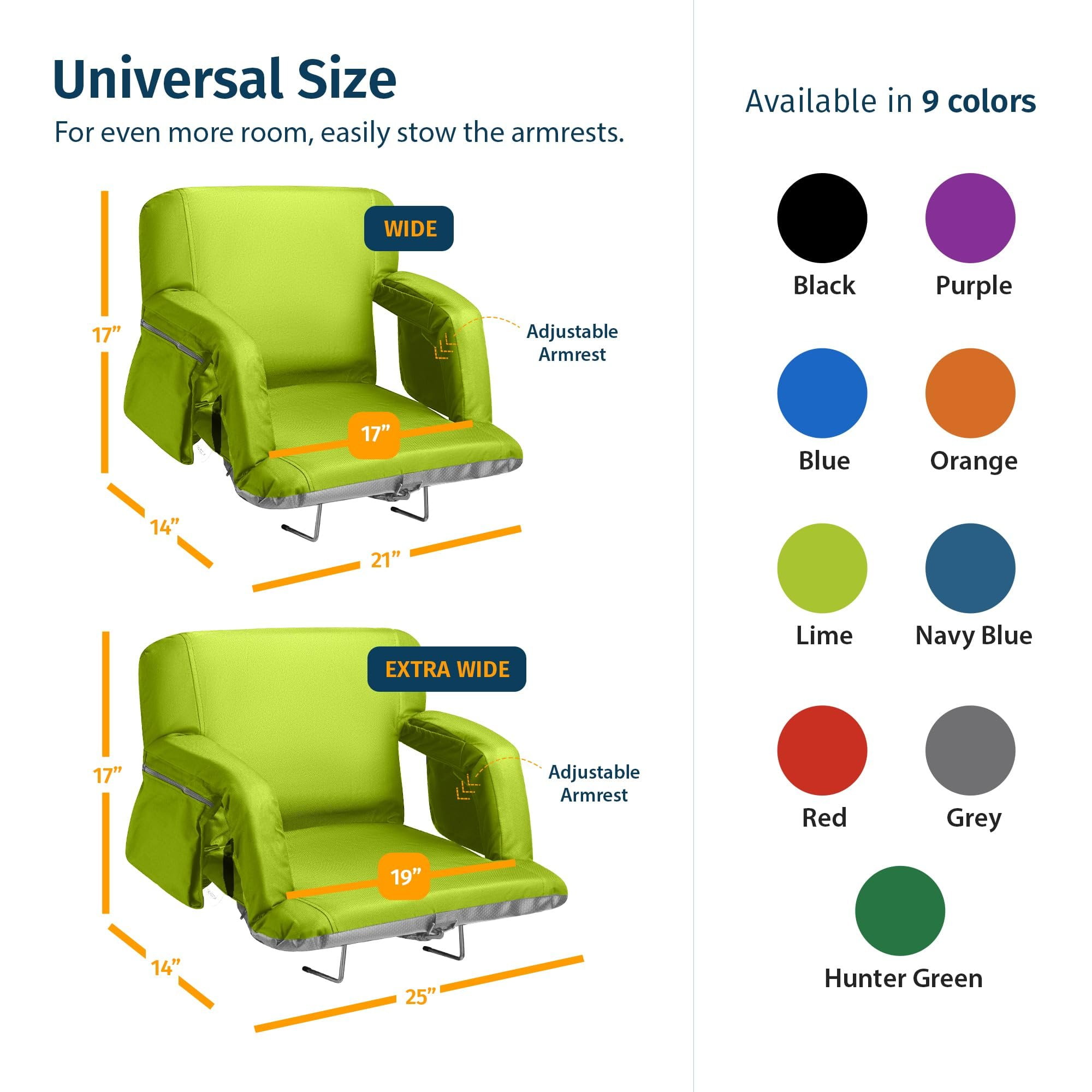 Reclining Stadium Seats for Bleachers with Back Support  Wide Bleacher Chair Cushion, Armrests, Large Pockets, and Multiple Safety Features  Best Stadium Seat Chairs for Camping, Kayak Backs & More