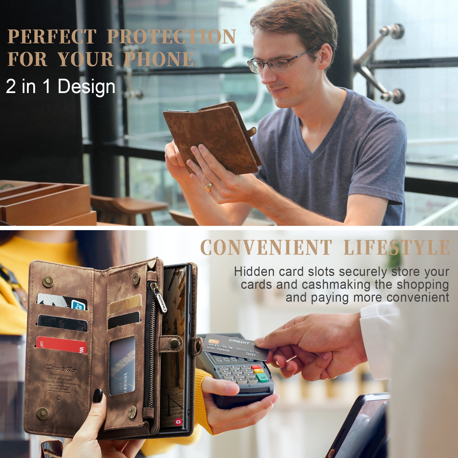 Feishell Durable 2- In-1 Magnetic Detachable Wallet Case for Samsung Galaxy S24 Ultra,for Women Men,Premium PU Leather Zipper Pocket Flip Multi Card Slots Purse Phone Case with Wrist Strap,Darkbrown