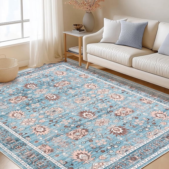 4x6 Area Rug for Living Room, Washable Vintage Printed Soft Rugs, Non Slip Low Pile Carpet for Entryway, Kitchen, Bedroom, Blue