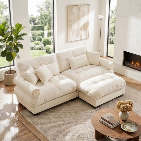 Amuille 93.7" Modular Sectional Sofa Velvet L Shaped Cloud Couch, 2-Seat Deep Seat Sofa for Living Room, with 4 Pillows, Cream