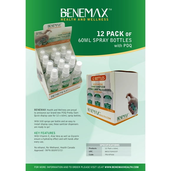 BENEMAX - Fabriqué au CANADA Désinfectant pour les Mains en 12packs de 60ml Flacons de Pompe de Pulvérisation