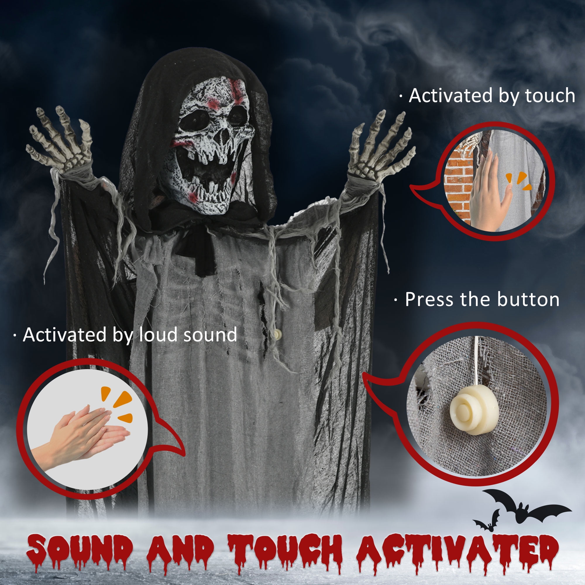 74" Animated Skeleton Witch Halloween Decoration, Sound & Touch Activated, Motion & Sound Effects