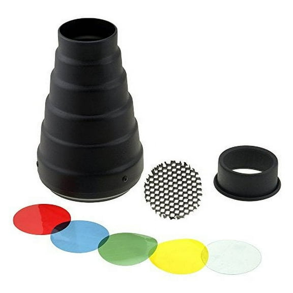 Fotodiox Pro Snoot with 20 Degree Grid and 4 Color Gels, for Balcar and Paul C Buff (AlienBees, Einstein, White Lightning) Strobe Head Lights