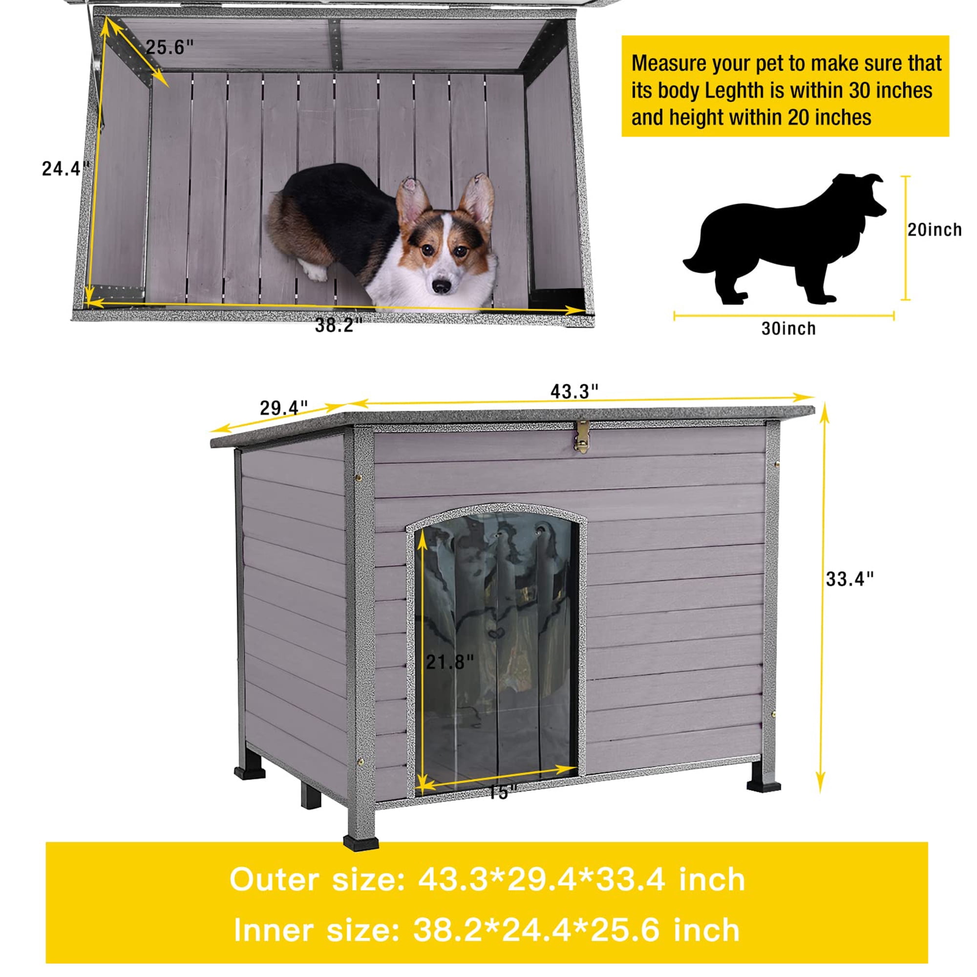 Aivituvin Wooden Dog House Anti-chewing Kennels for Outdoor & Indoor, Gray, Large