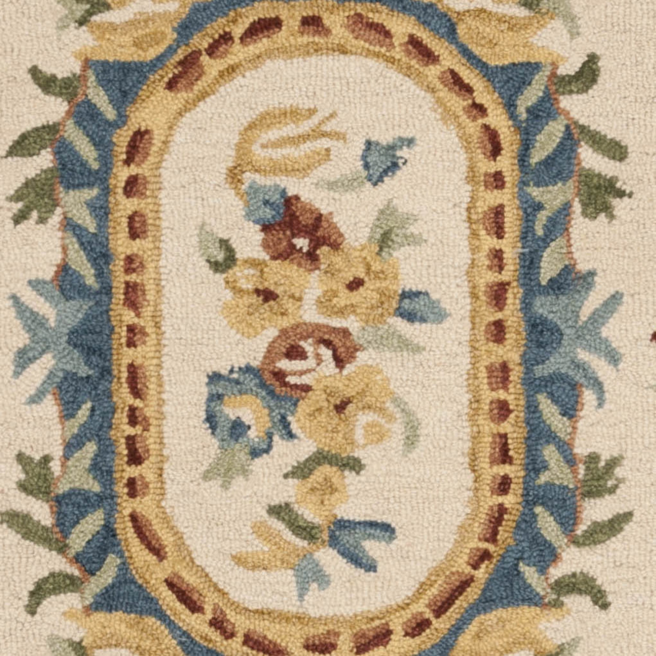 SAFAVIEH Micro-Loop Ibrahim Floral Bordered Wool Area Rug, Cream/Blue, 5' x 5' Square