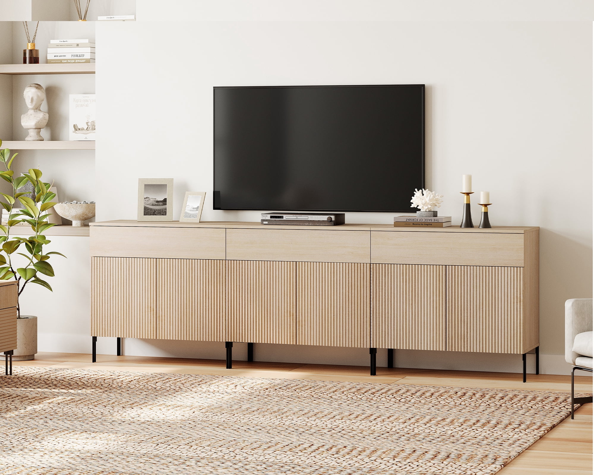 94.5" Modern Reeded TV Stand with Doors, Entertainment Center with Shelf, Wooden Media Console with Drawers for Living Room