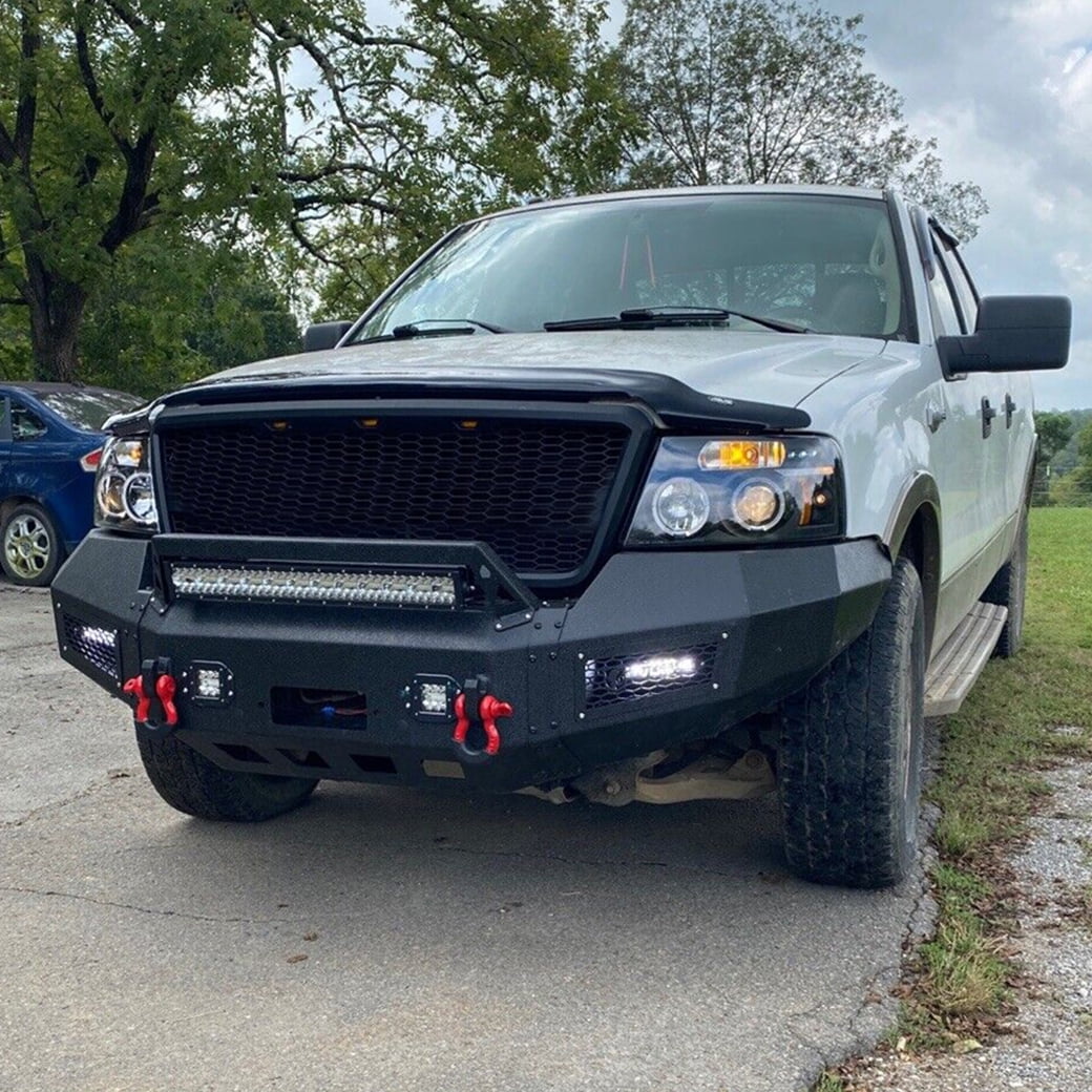 Vijay Compatible with 2004-2005-2006-2007-2008 Ford F150 Front Bumper Textured Black Steel with Light and D-ring