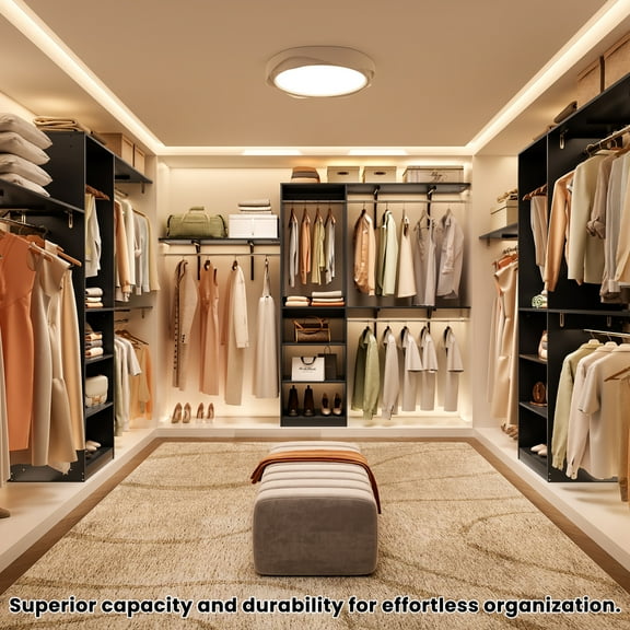 Heavy Duty 8 FT Closet Organizer   Wood Walk-In Closet System with 4 Hang Rods & 5 Shelves  Adjustable Wardrobe