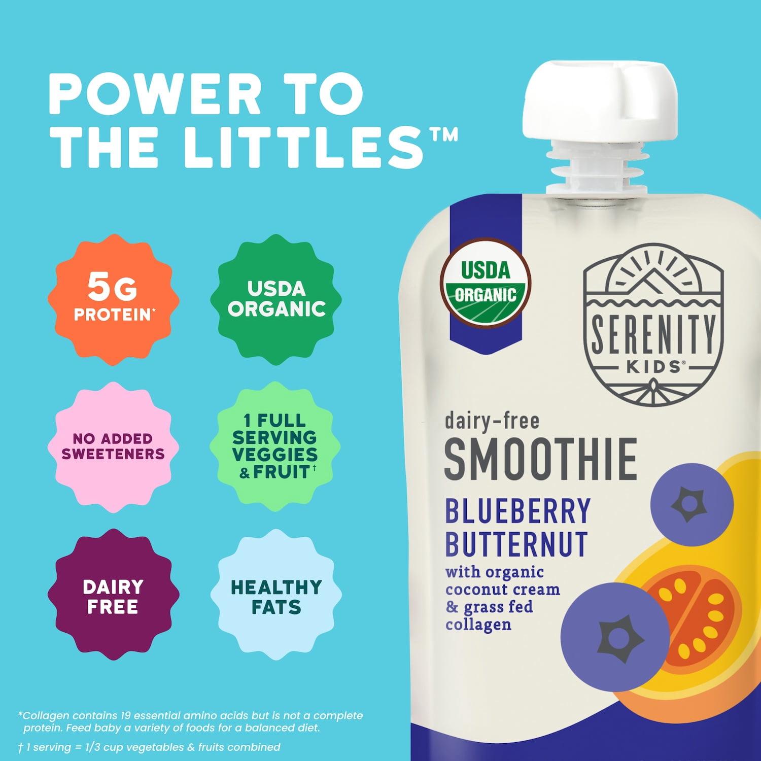 Serenity Kids Dairy Free Blueberry Butternut Smoothie with Organic Coconut Cream and Grass Fed Collagen, 3.5oz Pouch