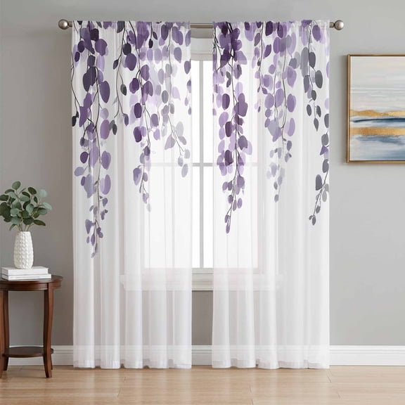 Purple Eucalyptus Leaves Sheer Curtains 84 Inch Length 2 Panels Set, Watercolor Botanical Summer Voile Window Treatment Rod Pocket Curtains Sheers Drapes for Bedroom/Living Room/Kitchen 52"x84"x2