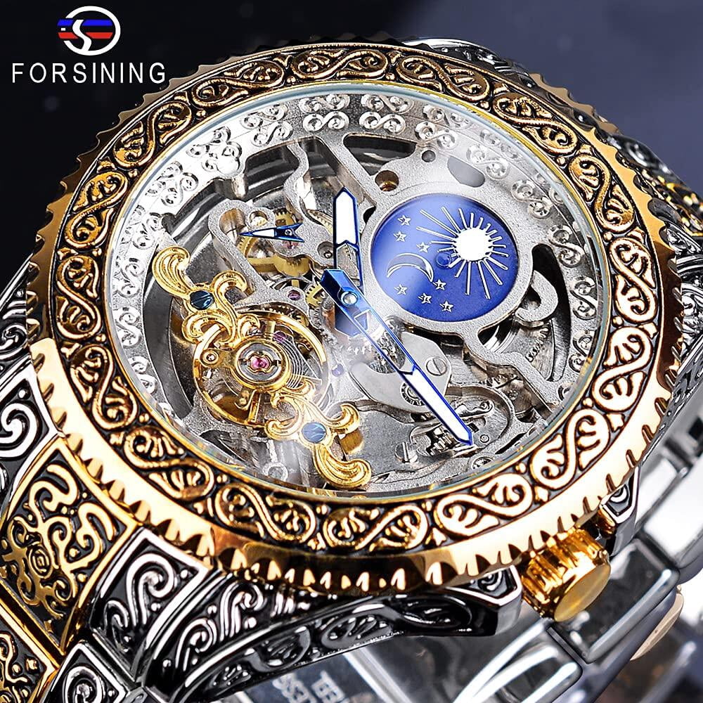 Watch for Men Carved Self-Wind Mechanical Tattoo Tourbillon Moon Phase Independent Seconds Skeleton Automatic Big Dial Wrist Watches