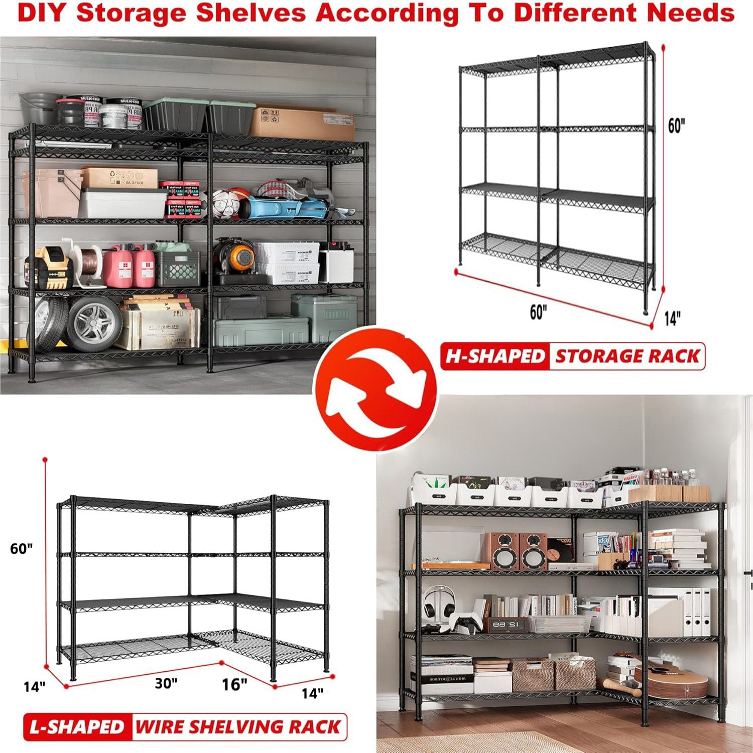 Sailvan 4-Tier Heavy Duty Metal Storage Rack,60"W x 14"D x 60"H Adjustable Wire Shelving Unit,1200 lbs Capacity Garage Pantry Shelves,Black