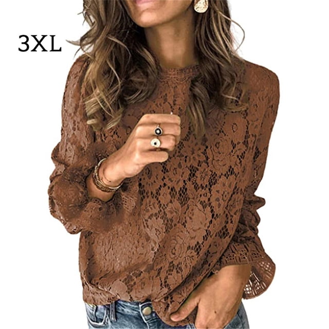 Sonducket Blusa de mujer Camisa de encaje hueco Top de color sólido Prendas para la parte del cuerpo Marrón 3XL