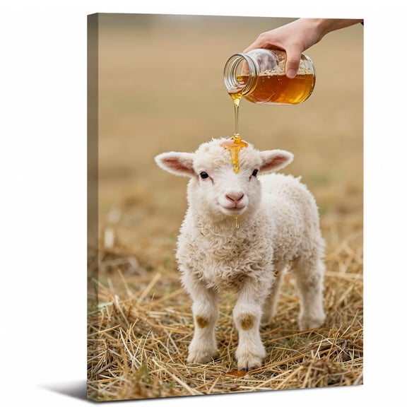 Cute Lamb Honey Canvas Wall Art Framed,Farm Animal Nursery Kitchen Landscape canvas print for bathroom bedroom or living room decor,8x12in