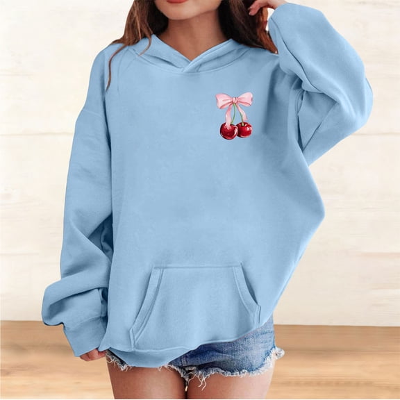 UACY Cute Cherry Hoodie for Girls Bow Graphic Hoodies Kids Long Sleeve Hooded Sweatshirt Preppy Pullover with Pocket (Light Blue, 9-10 Years)
