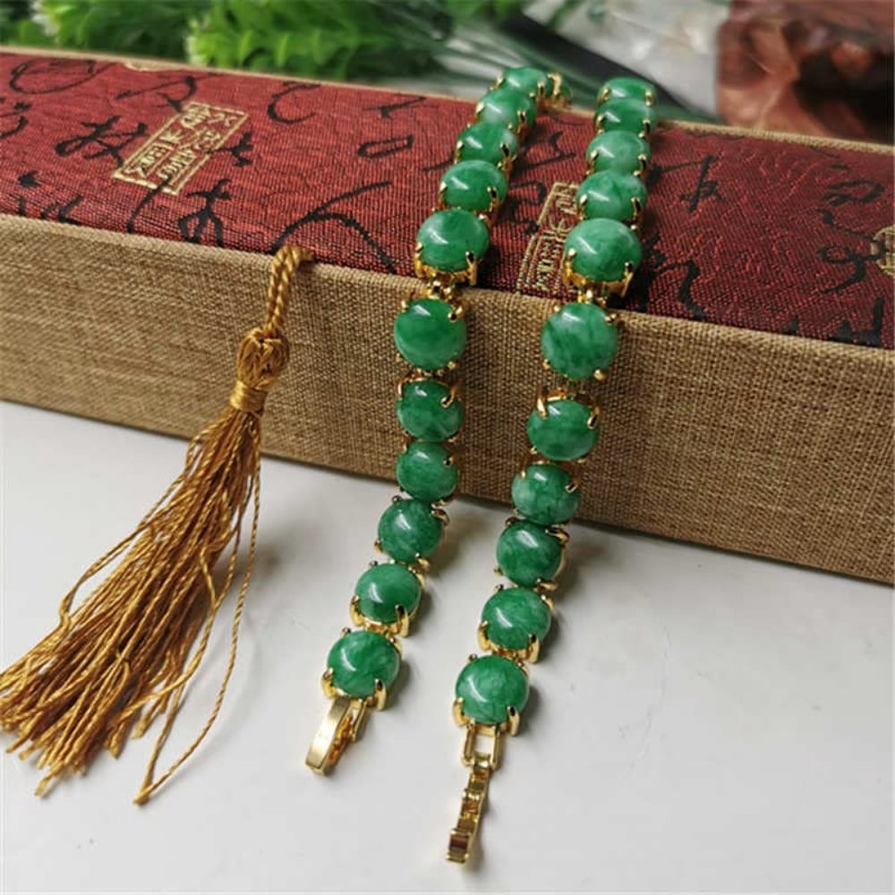 PAENENPH 14K Gold Natural Jade Bracelet，Stunning Green Gemstone for Women