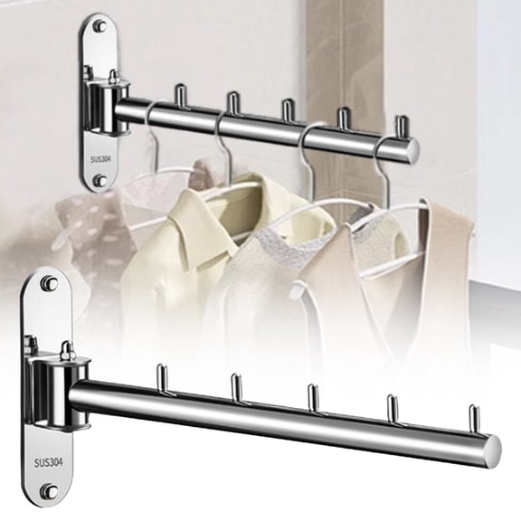 Foldable Wall Mounted Clothes Hanger Rack, Folding Wall Mounted Clothes Hanger Rack with Swing Arm, Wall Mounted Drying Rack, Laundry Hanger Dryer Rack, Stainless Steel Laundry Room Valet Hook Holder